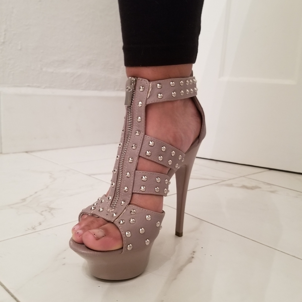 Fredericks of Hollywood studded taupe heels